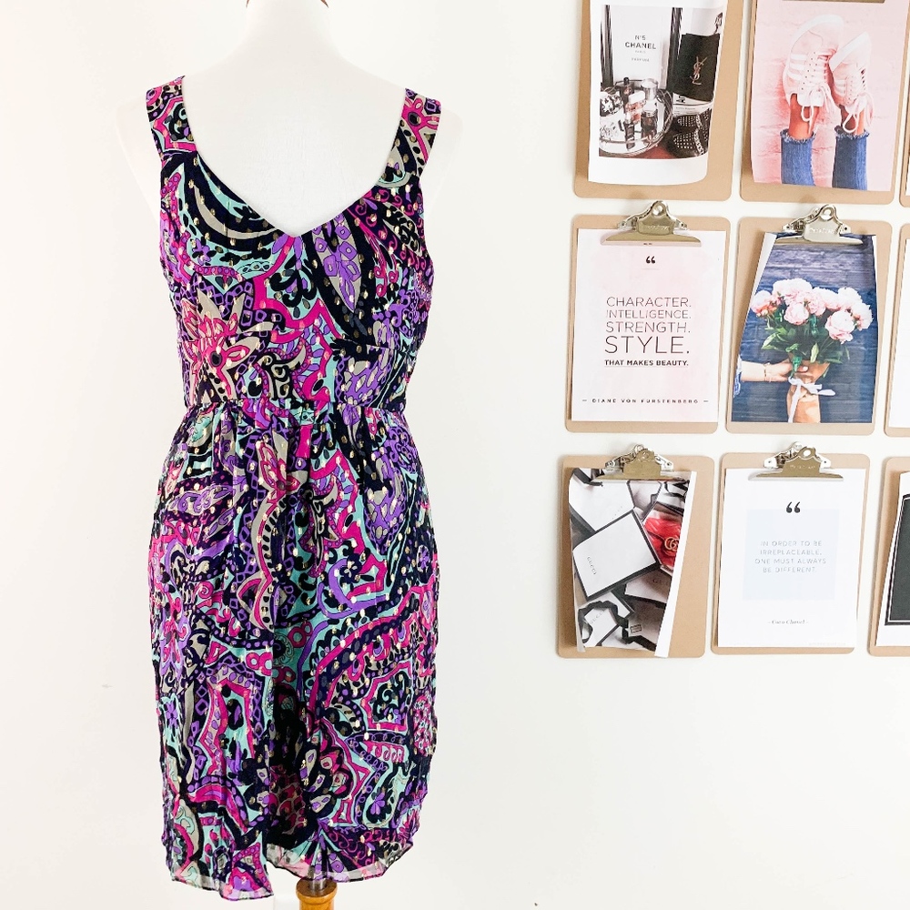 Tibi Empire Waist Silk Dress Sz 10 Metallic Floral - Picture 4 of 7
